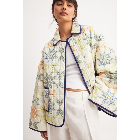 NWT NA-KD Cream Printed Floral Geometric Padded Convertible Vest Light Jacket - Picture 1 of 15